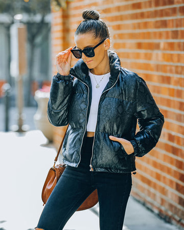 Giada Pocketed Python Puffer Jacket - Black