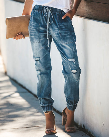 Say Yes To Distress Drawstring Pocketed Joggers