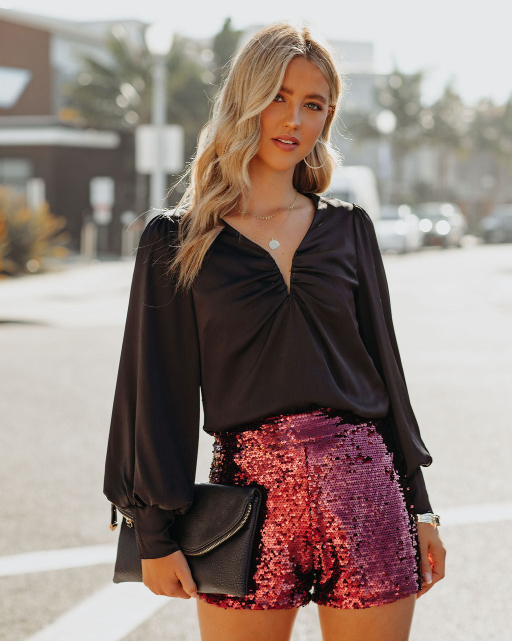 Festive Flair Sequin High Rise Shorts - Burgundy