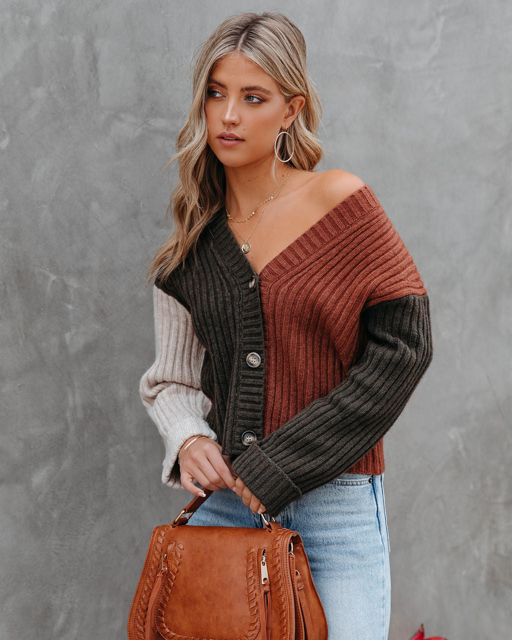 Francesco Ribbed Button Front Colorblock Cardigan - Deep Olive