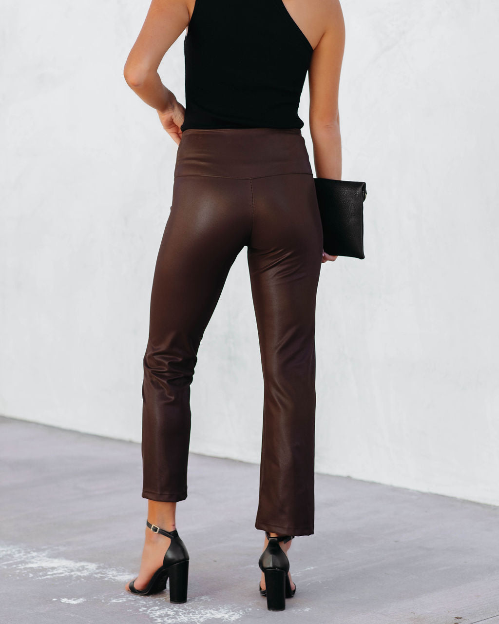 Freedom Faux Leather Slit Front Pants - Brown