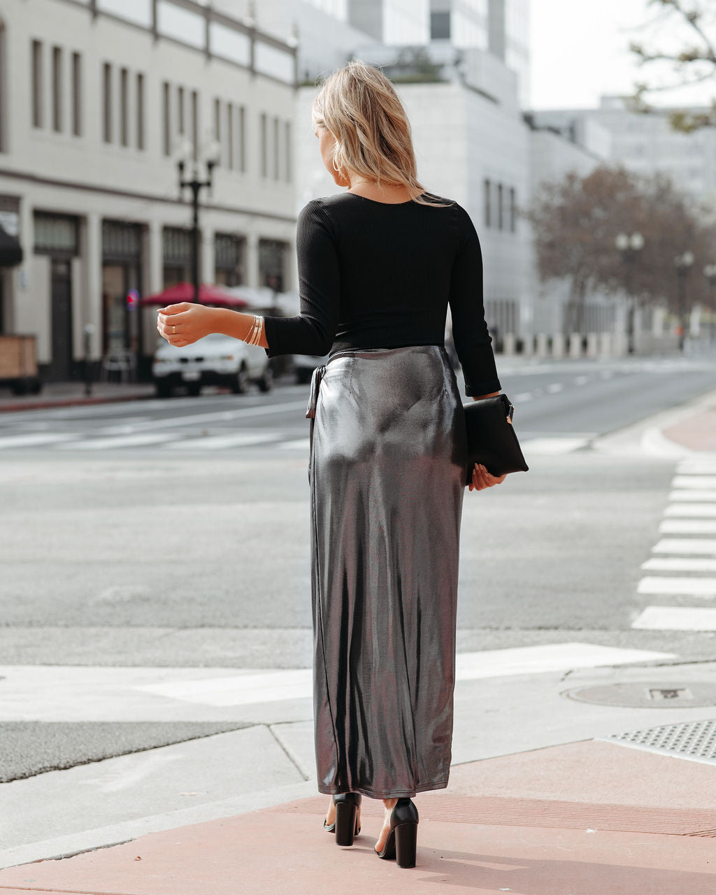 Ginn Metallic Wrap Midi Skirt - Gunmetal