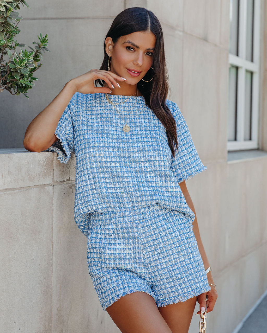 Gracie Pocketed High Rise Frayed Tweed Shorts - Blue