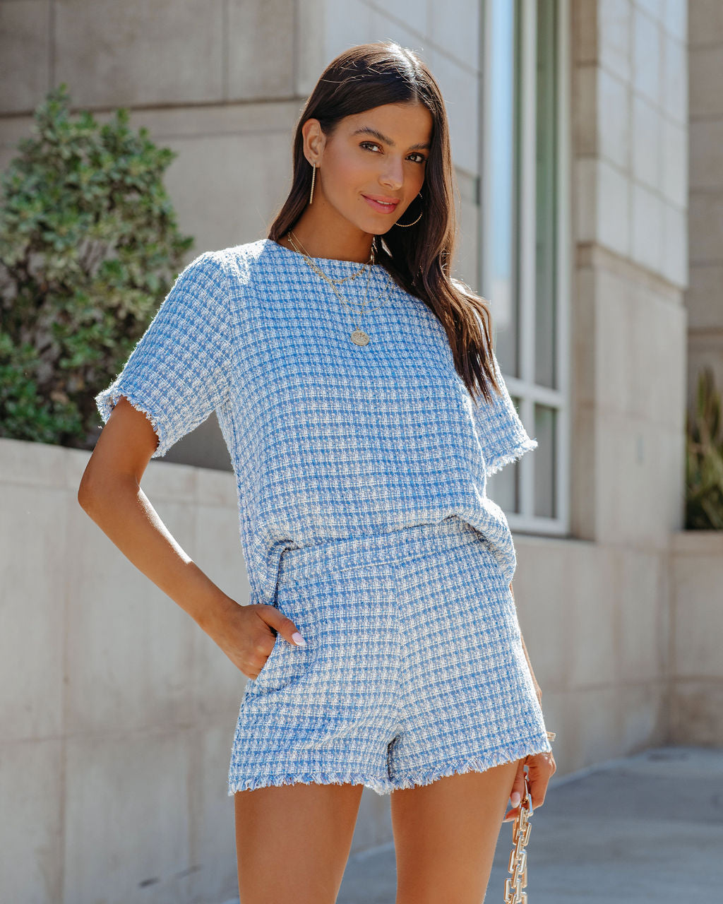 Gracie Frayed Short Sleeve Tweed Blouse - Blue