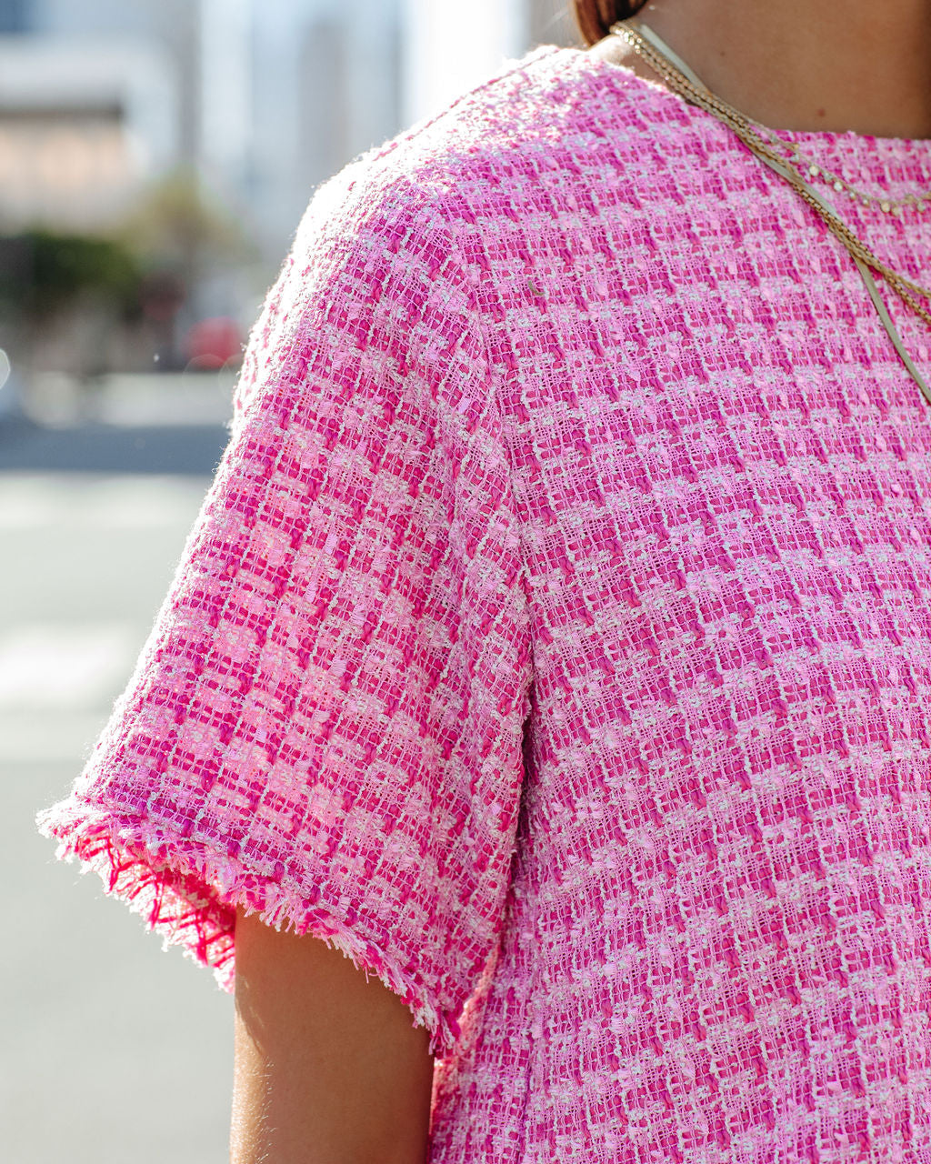 Gracie Frayed Short Sleeve Tweed Blouse - Pink