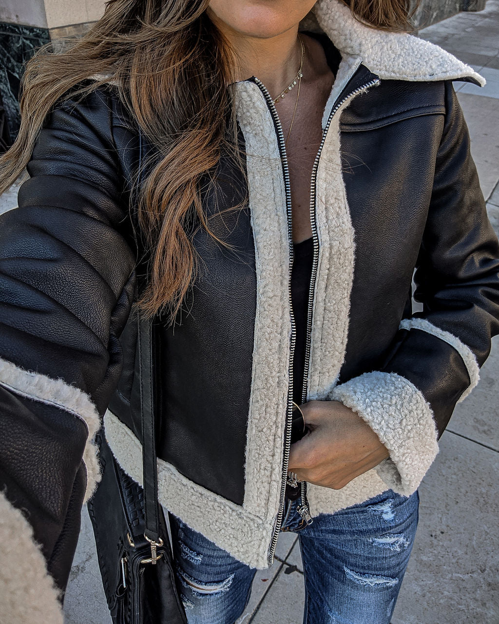 Rockford Pocketed Faux Leather Sherpa Jacket