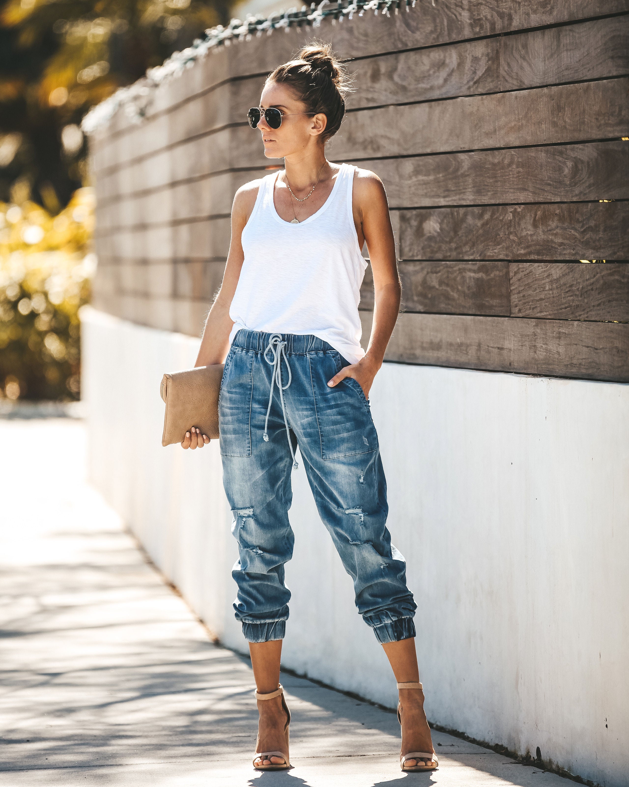 Say Yes To Distress Drawstring Pocketed Joggers