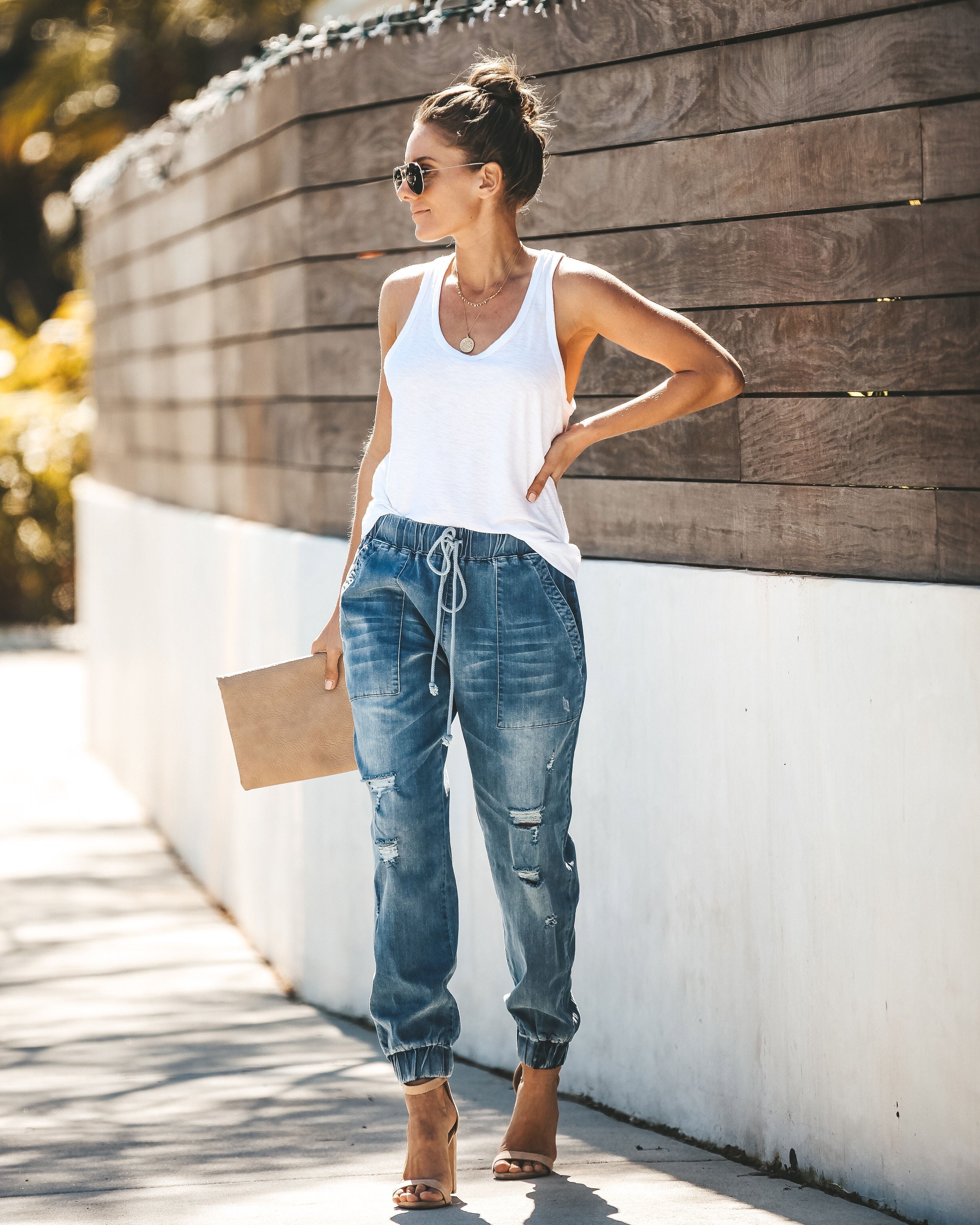 Say Yes To Distress Drawstring Pocketed Joggers
