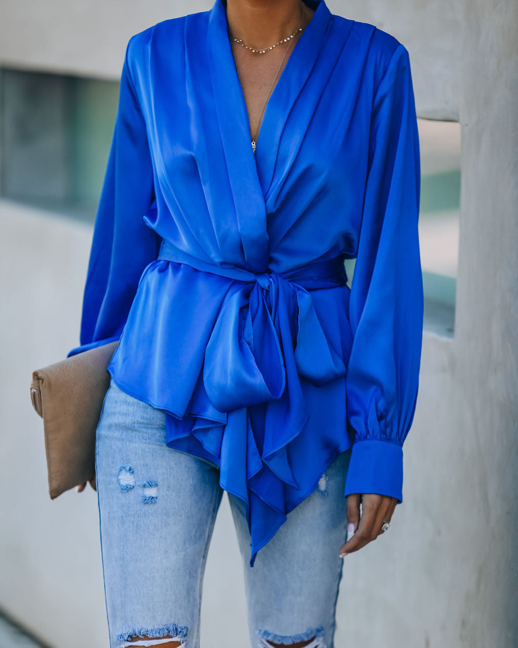 Motivation Satin Drape Wrap Blouse - Cobalt Blue