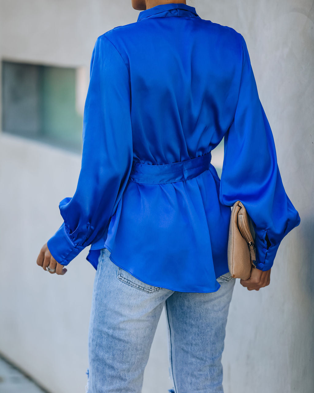 Motivation Satin Drape Wrap Blouse - Cobalt Blue