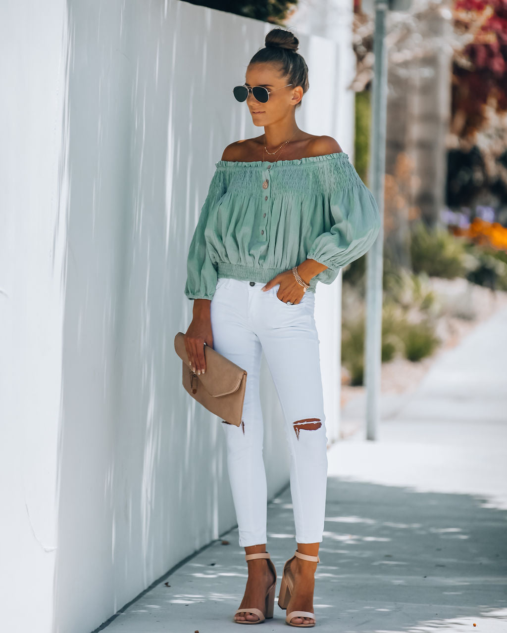 Fig Cotton Smocked Off The Shoulder Top - Sage
