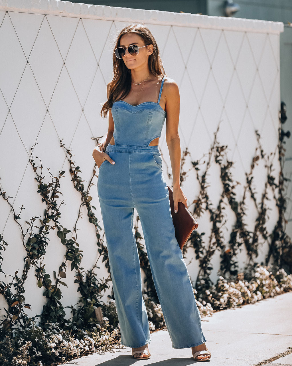 Vitamin Sea Pocketed Denim Cutout Jumpsuit - Denim
