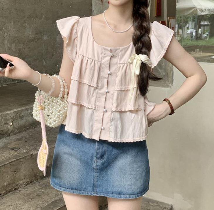 Maja Tiered Swiss Dot Button Down Top - Cream