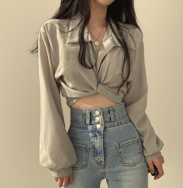 Vittoria Tie Front Crop Blouse - Medium Grey