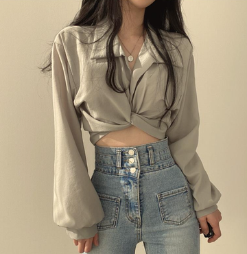 Vittoria Tie Front Crop Blouse - Medium Grey