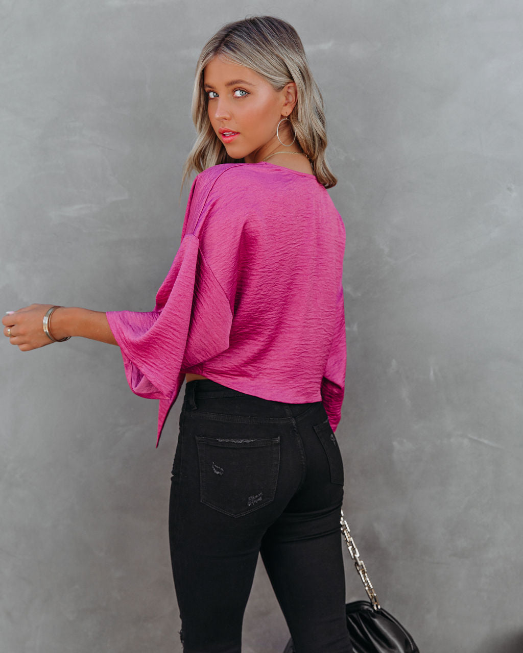 Lisandro Tie Front Kimono Crop Top - Mulberry