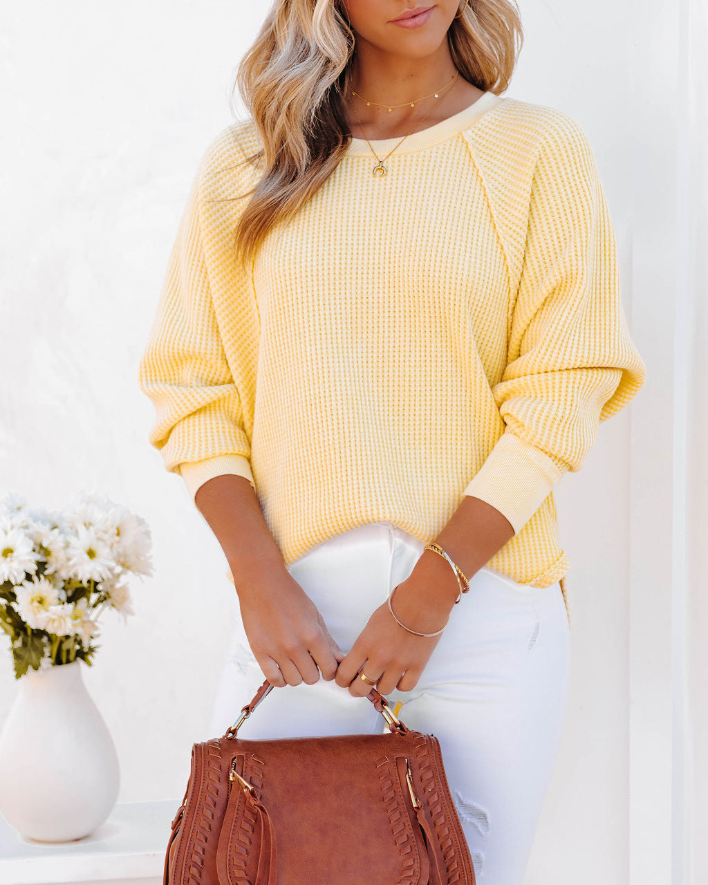 Lizabeth Cotton Thermal Knit Top - Yellow