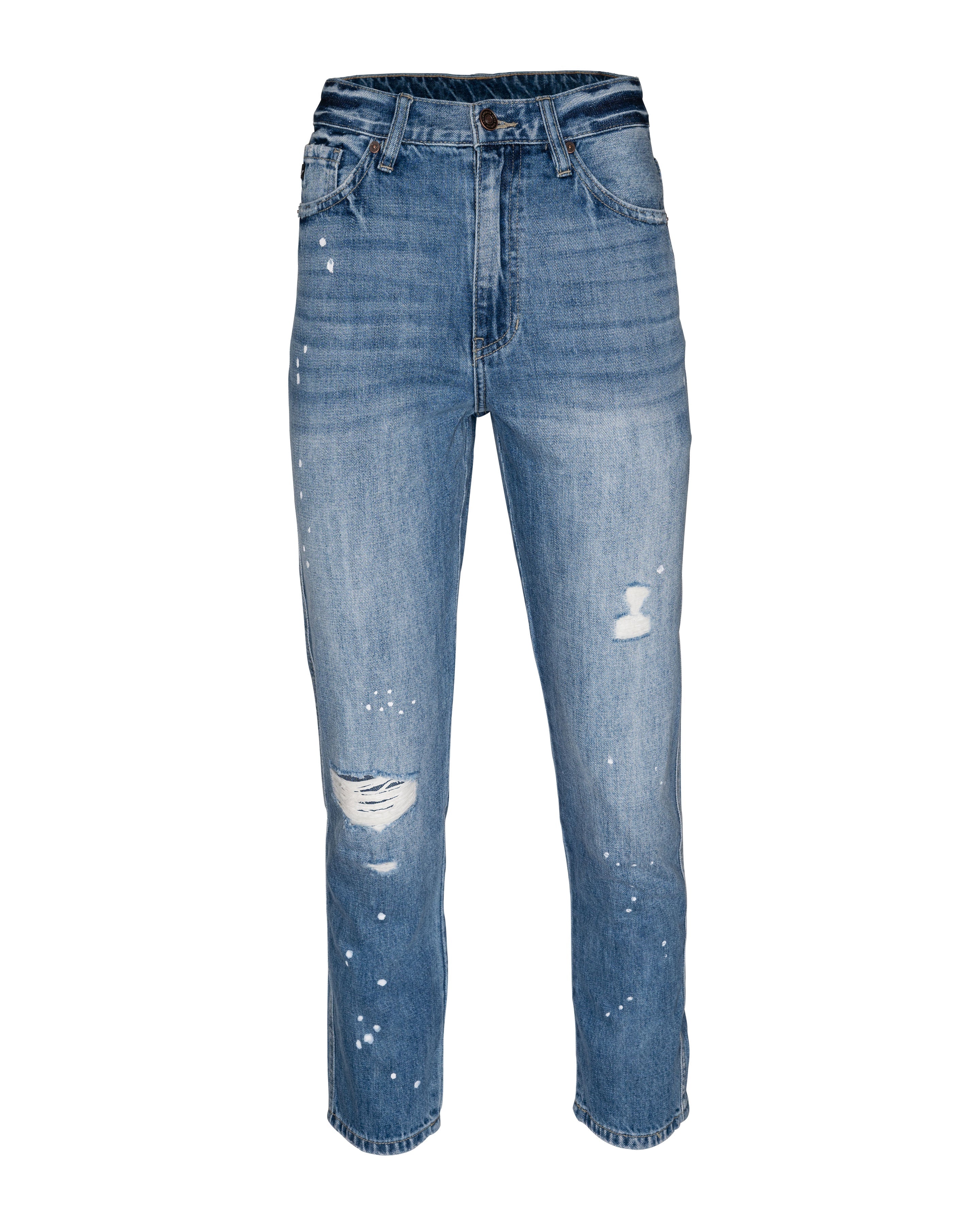 Lorelei High Rise Distressed Paint Splatter Mom Jeans