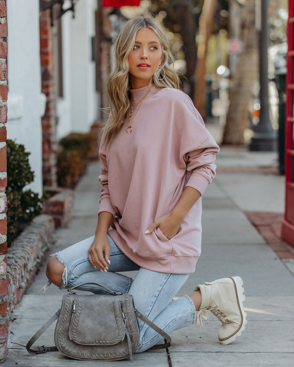 Lorina Cotton Pocketed Mock Neck Sweatshirt - Rose