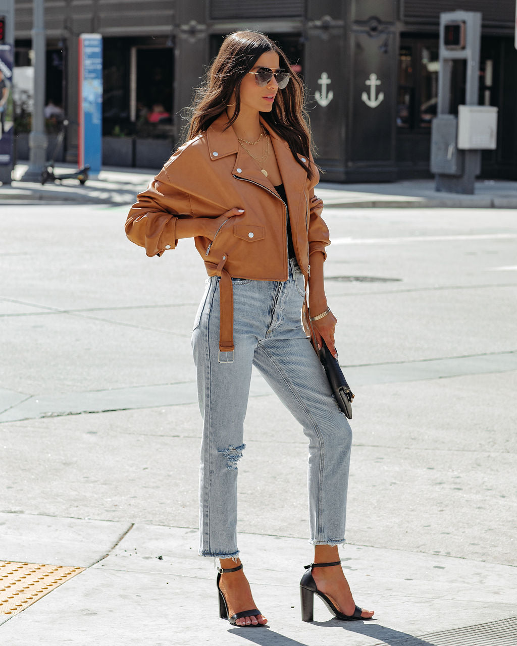 Lucia Pocketed Faux Leather Crop Moto Jacket - Biscotti