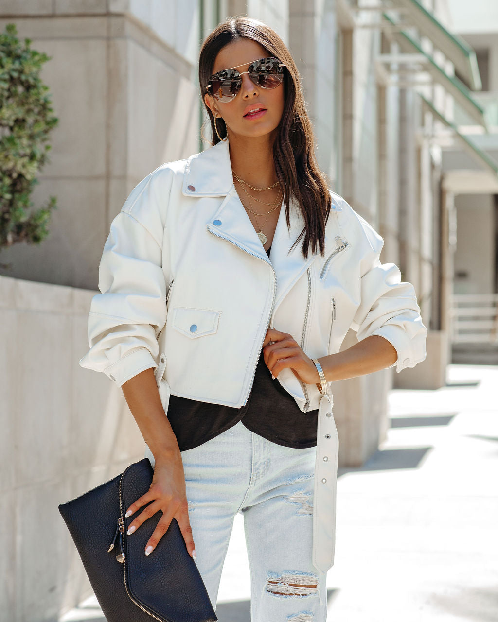 Lucia Pocketed Faux Leather Crop Moto Jacket - Off White