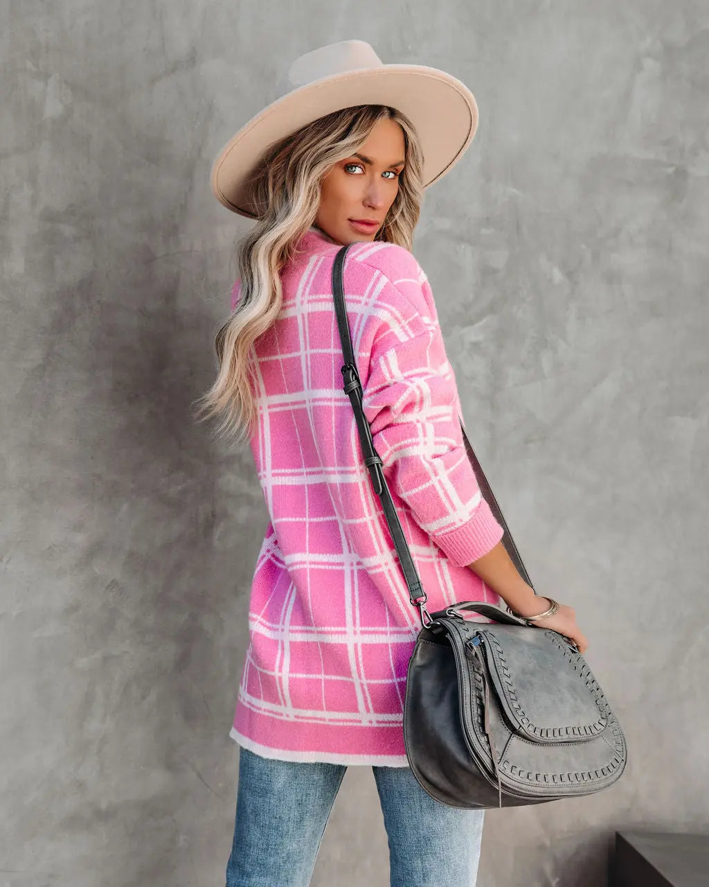 Madi Pocketed Plaid Knit Cardigan - Pink