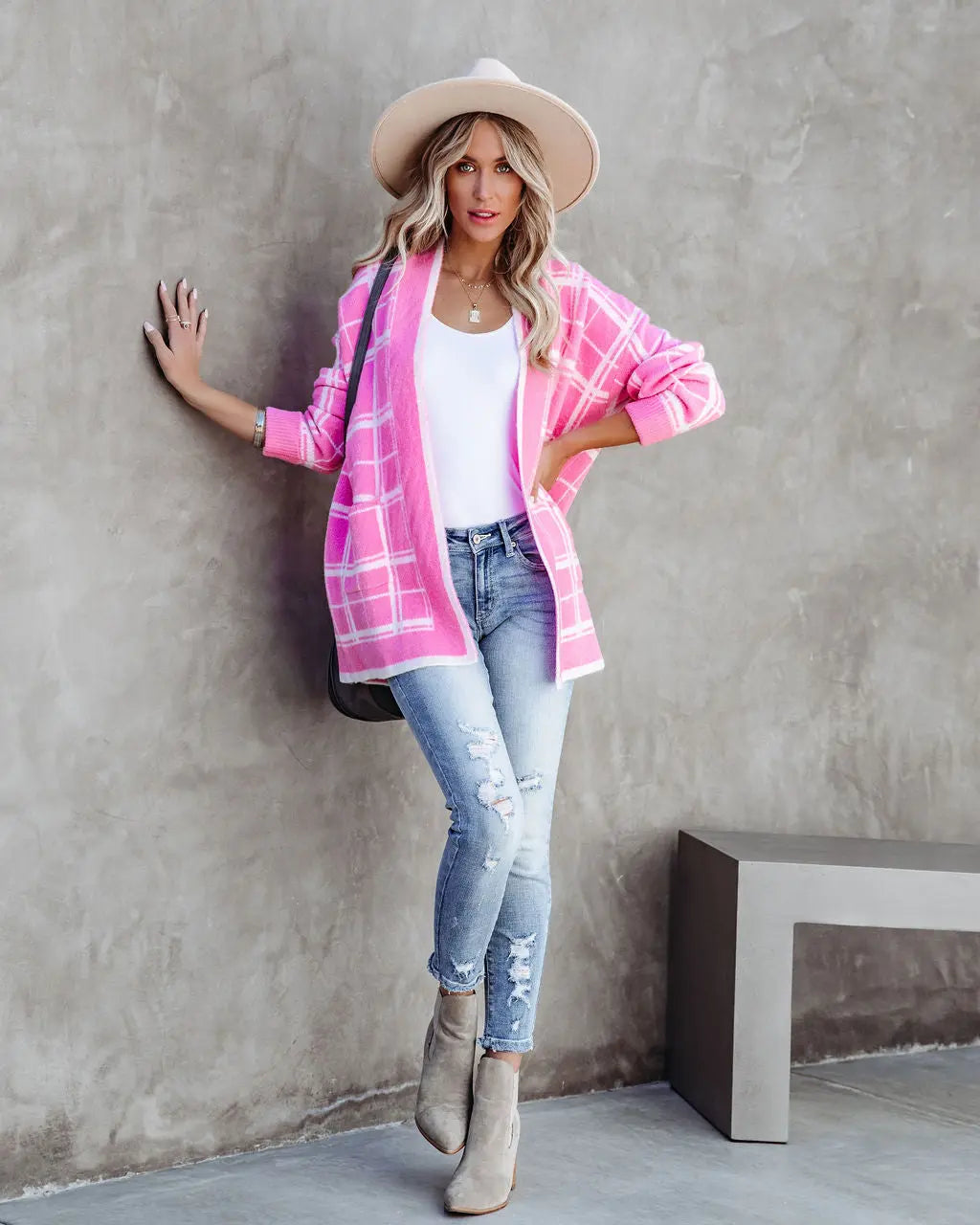 Madi Pocketed Plaid Knit Cardigan - Pink
