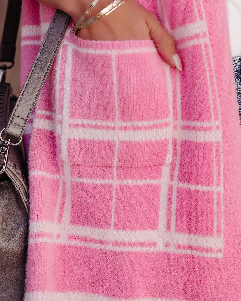 Madi Pocketed Plaid Knit Cardigan - Pink