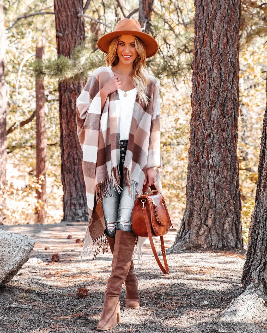 Madison Checkered Fringe Poncho - Brown