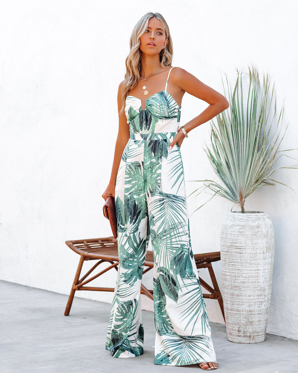 Mexico City Pocketed Palm Print Jumpsuit