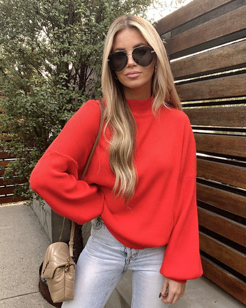 Russ Mock Neck Ribbed Sweater - Red