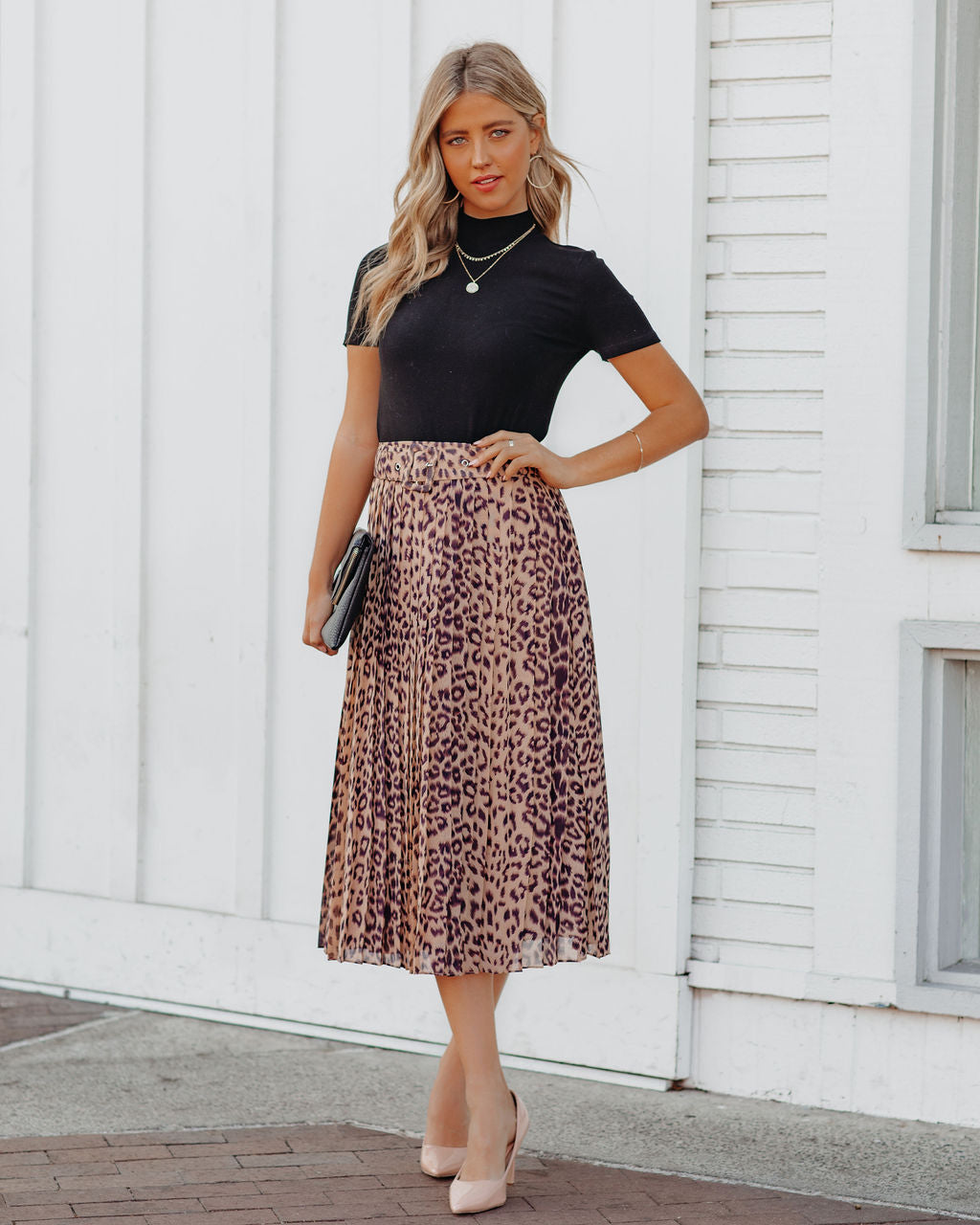 Morticia Pleated Leopard Belted Midi Skirt
