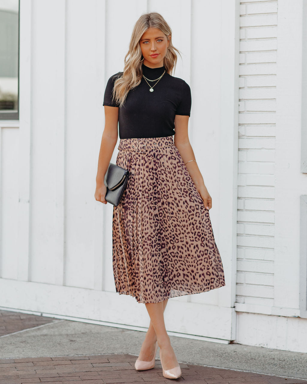 Morticia Pleated Leopard Belted Midi Skirt