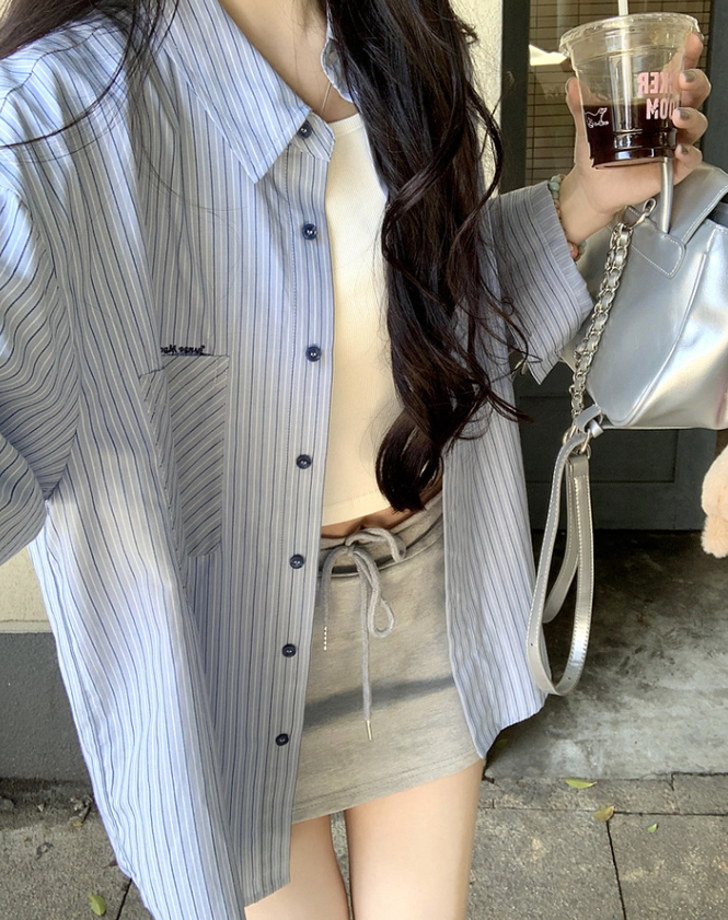 Seville Cotton Pocketed Striped Button Down Top - Blue