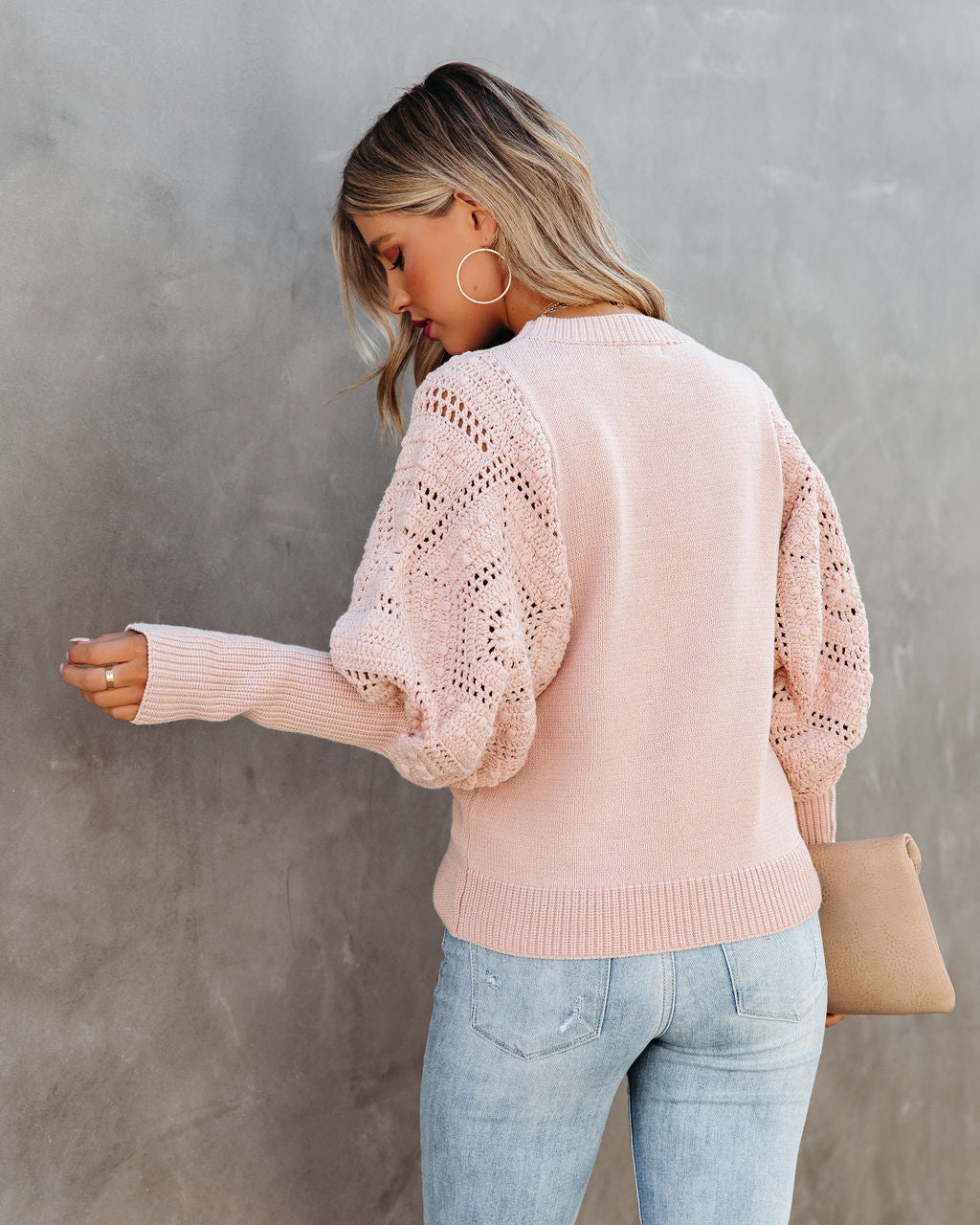 Naveen Cotton Blend Crochet Sleeve Sweater - Blush