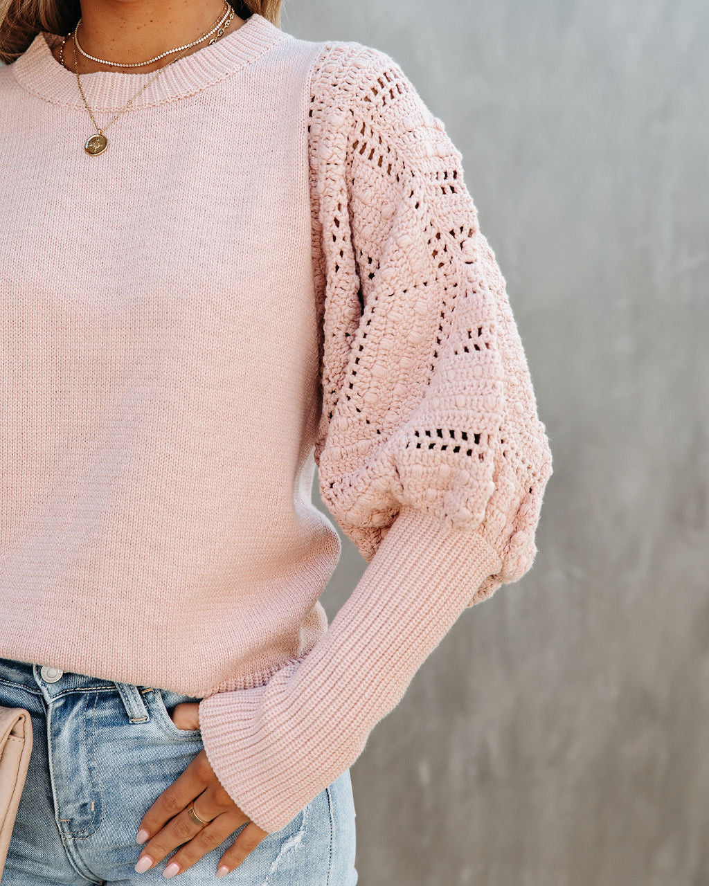 Naveen Cotton Blend Crochet Sleeve Sweater - Blush