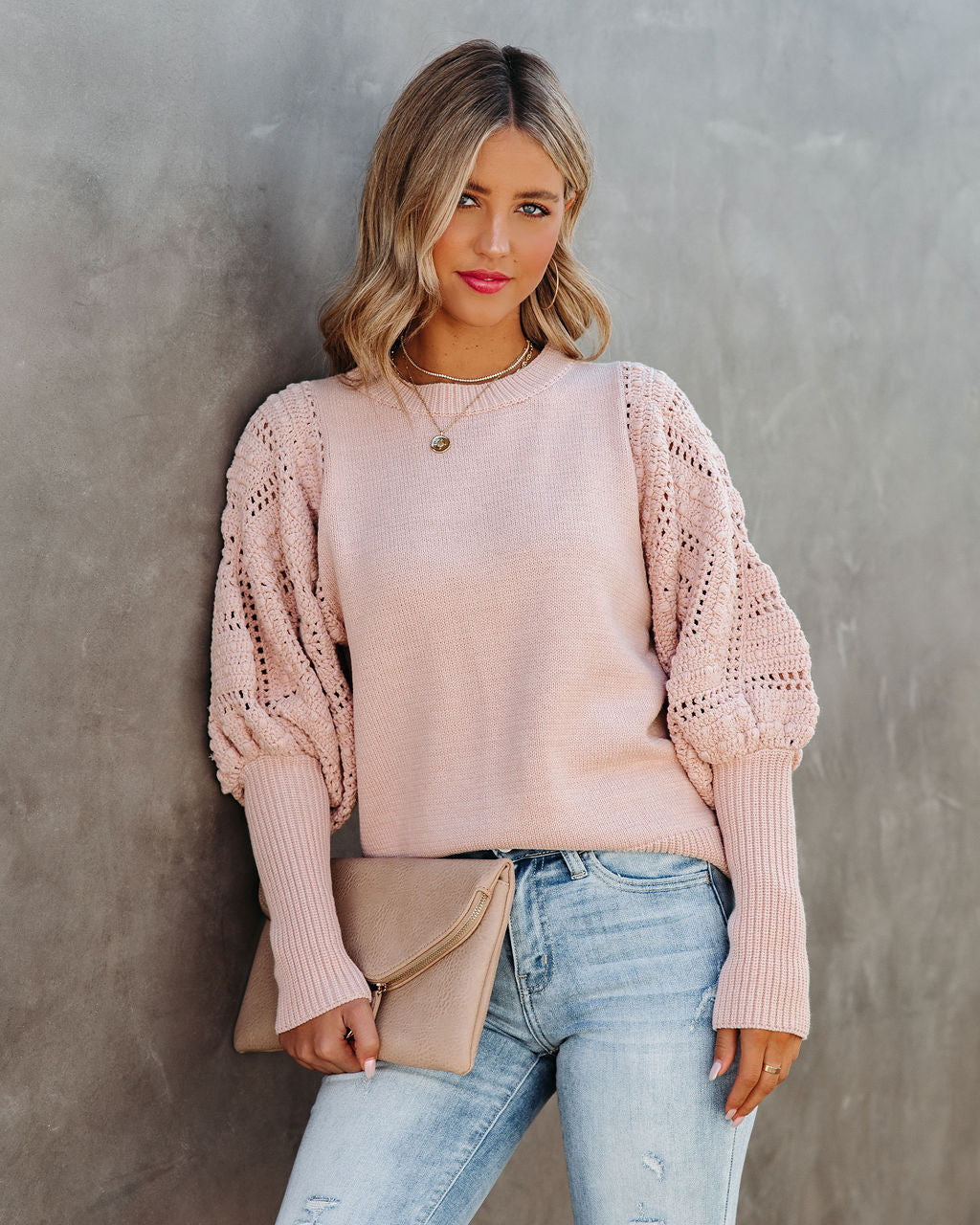 Naveen Cotton Blend Crochet Sleeve Sweater - Blush