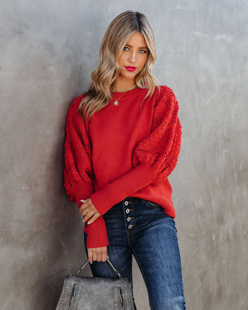 Naveen Cotton Blend Crochet Sleeve Sweater - Rust