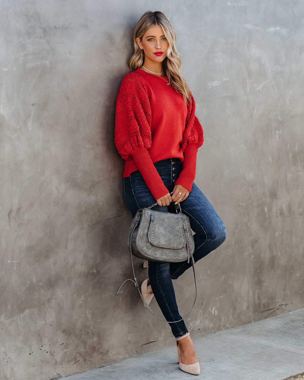 Naveen Cotton Blend Crochet Sleeve Sweater - Rust