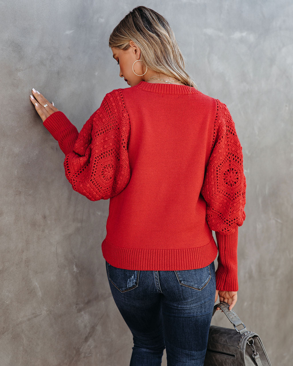 Naveen Cotton Blend Crochet Sleeve Sweater - Rust