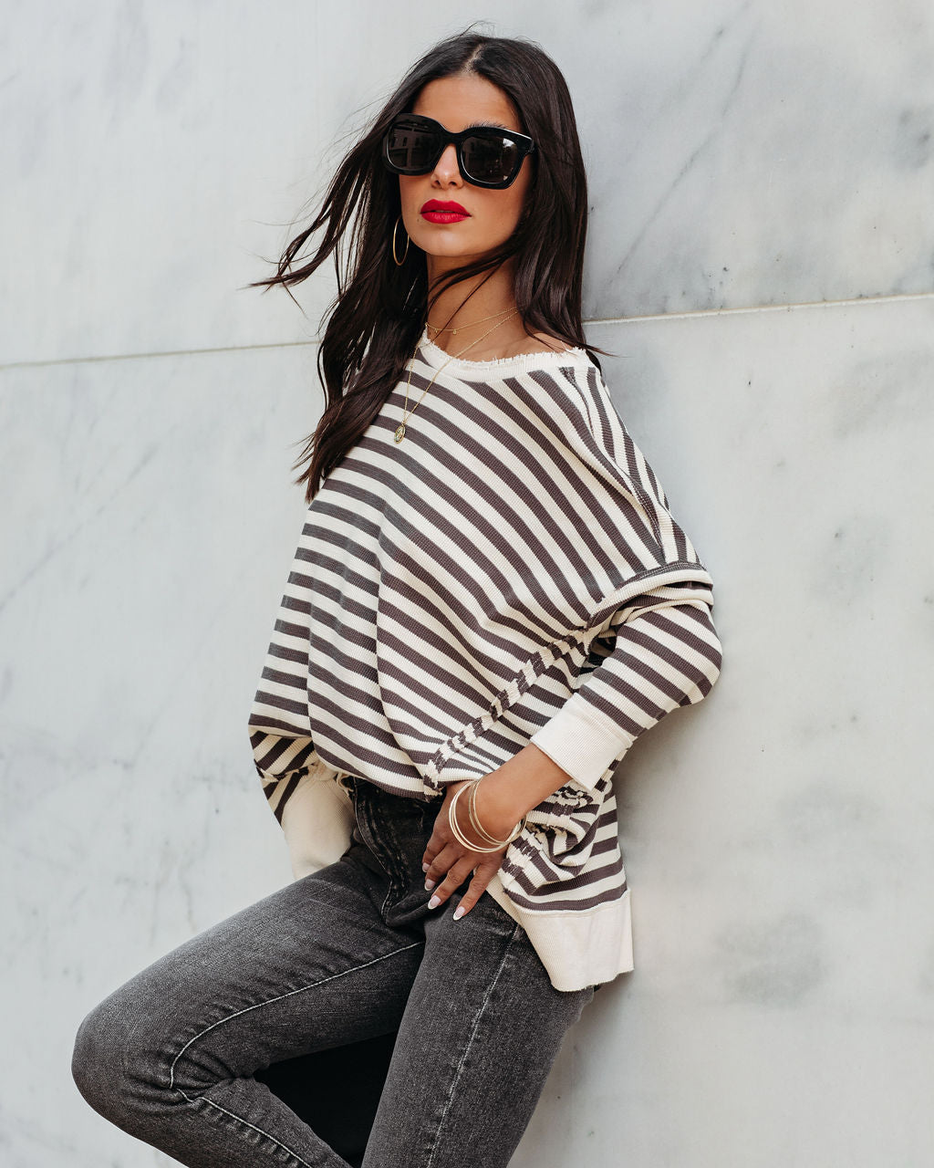 Nora Cotton Distressed Striped Pullover - Charcoal Cream