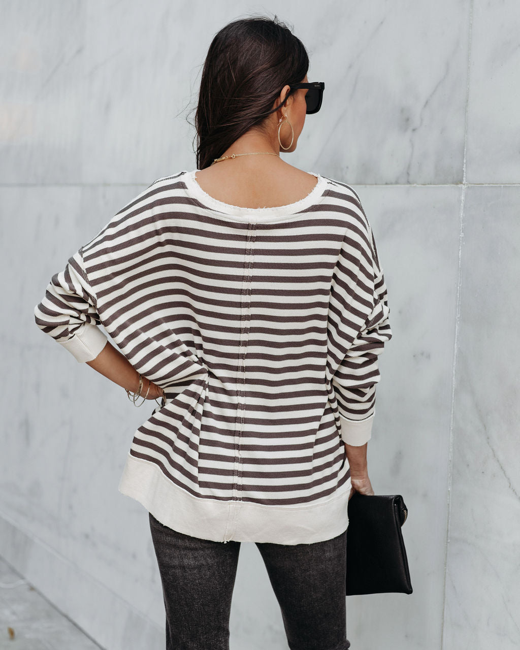 Nora Cotton Distressed Striped Pullover - Charcoal Cream