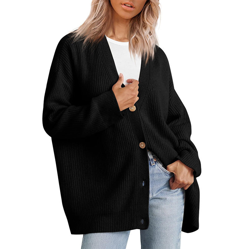 Mindy Cotton Pocketed Button Front Cardigan - Black