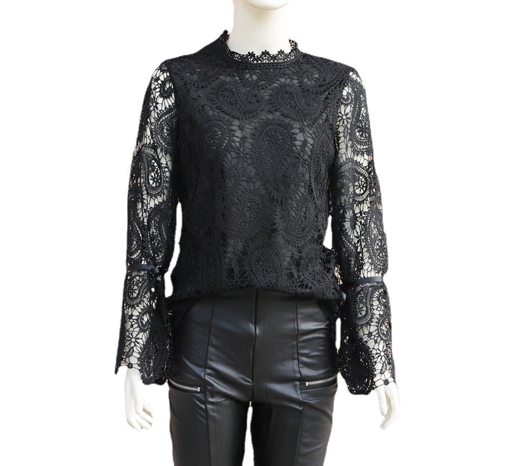 Fulfilled Heart Statement Sleeve Lace Blouse - Black