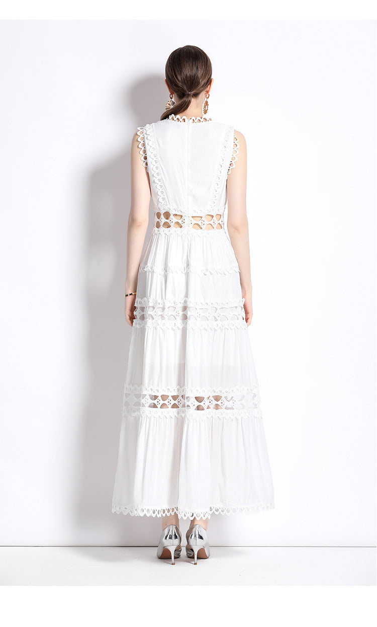 Sacha Cotton Linen Crochet Tiered Midi Dress - Black