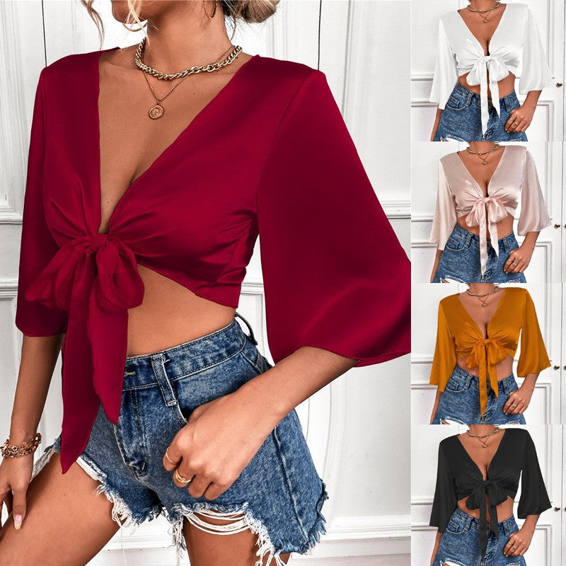 Lisandro Tie Front Kimono Crop Top - White