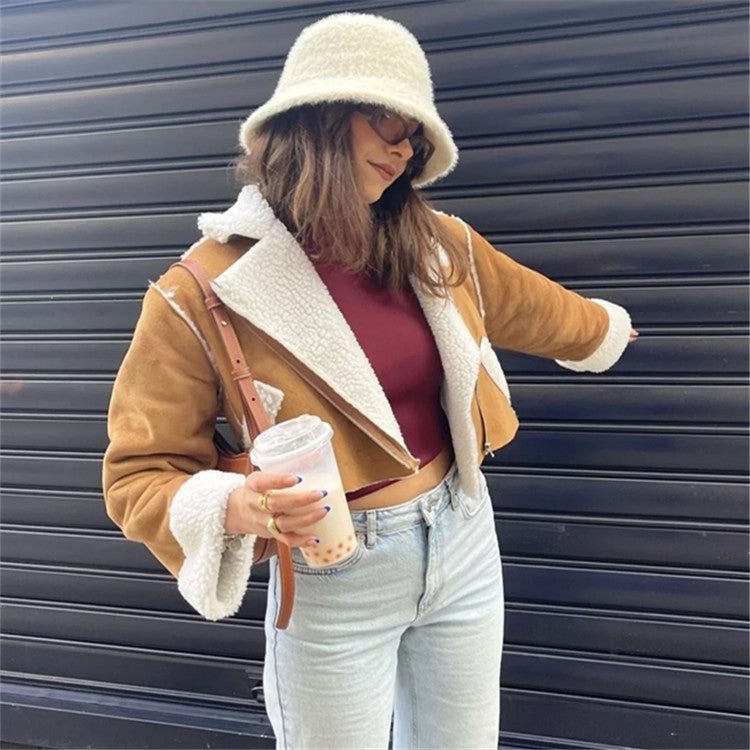 Shona Pocketed Faux Leather Sherpa Jacket - Brown