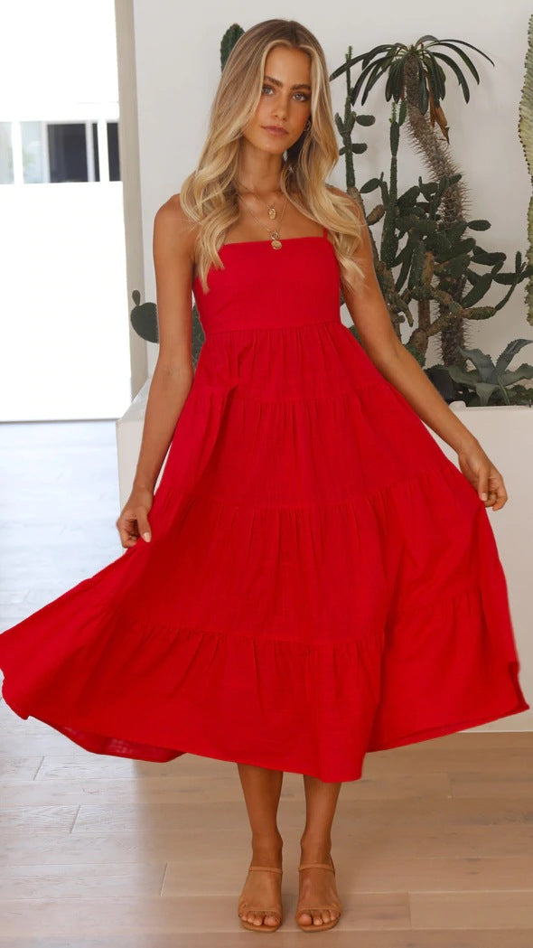 Shirley Ruffle Tiered Midi Dress - Tomato Red