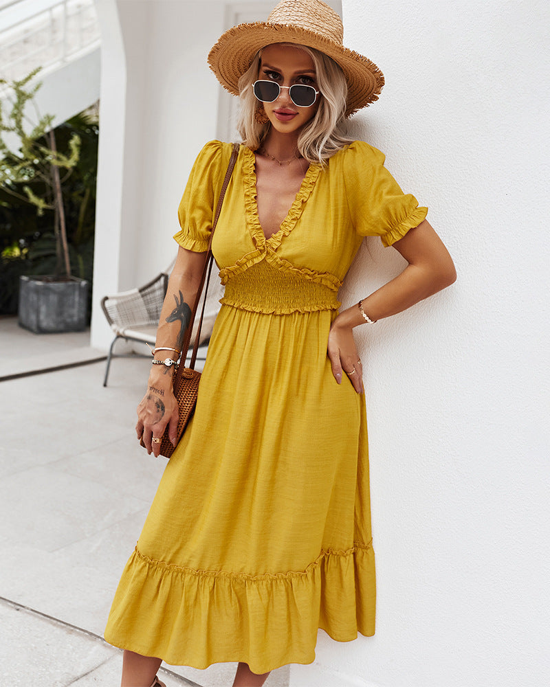 Nathalia Satin Ruffle Dress - Honey