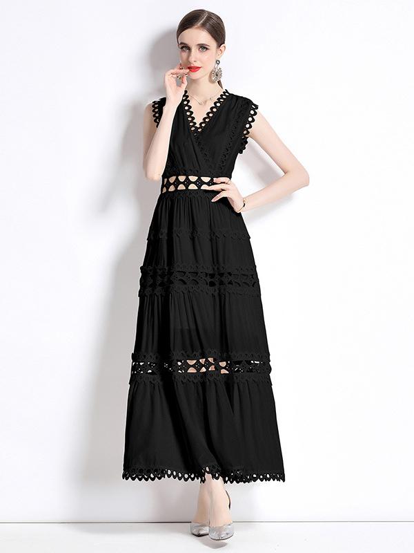 Sacha Cotton Linen Crochet Tiered Midi Dress - Black